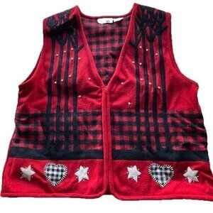 ASHLEY HILL Red Black Pullover Zip Hearts Vest Wool Women’s Sweater Size XL